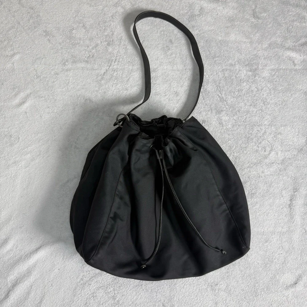 Vintage Kate Spade Black Nylon Drawstring Hobo Shoulder Bag Leather Strap
